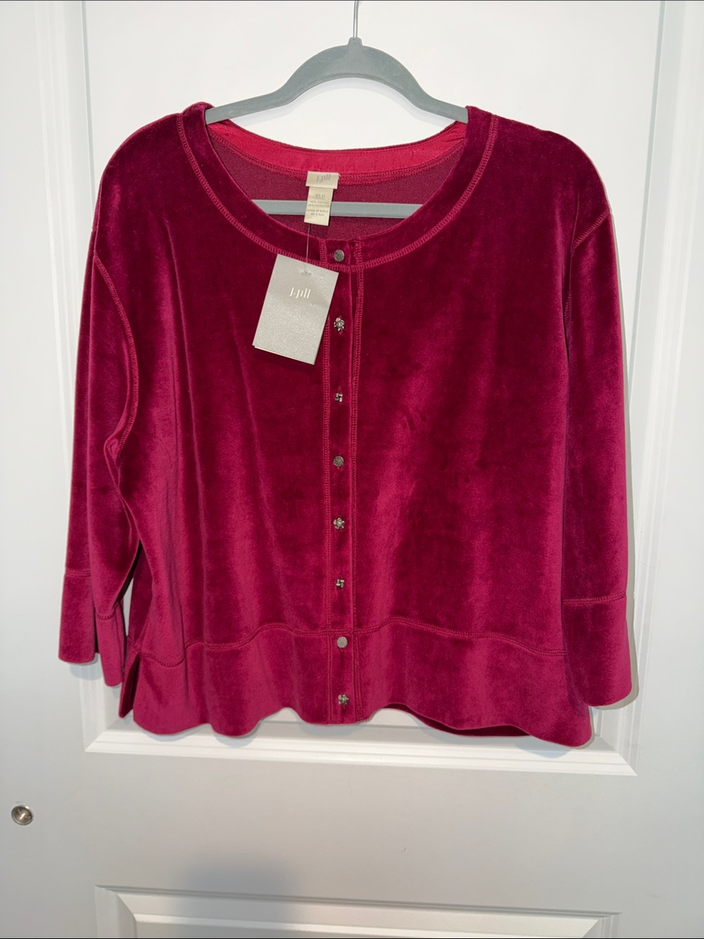 J. JILL Top Size Large Red Velour Long Sleeve Button Front Cardigan Women's XLP